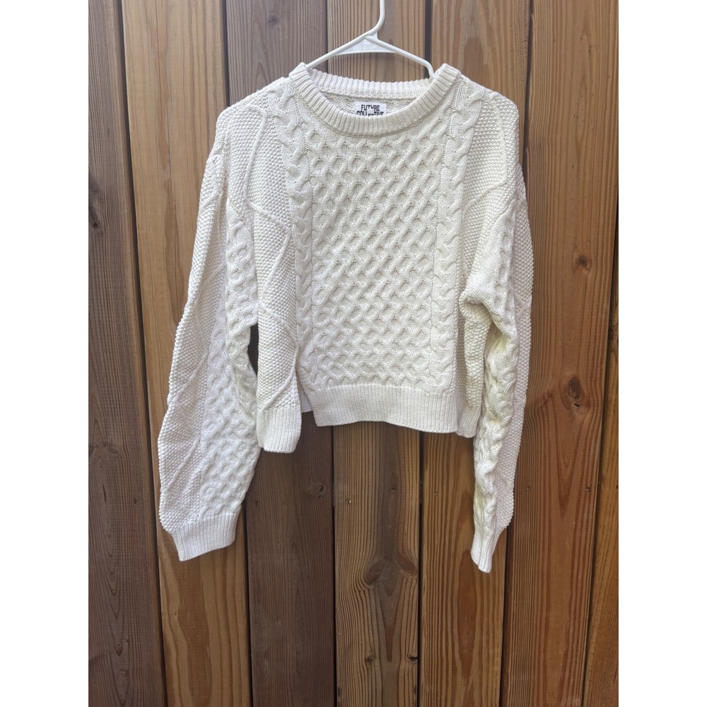Future Collective Reese Blutstein Cream Cable Knit Cropped Sweater Womens Large - Picture 2 of 8